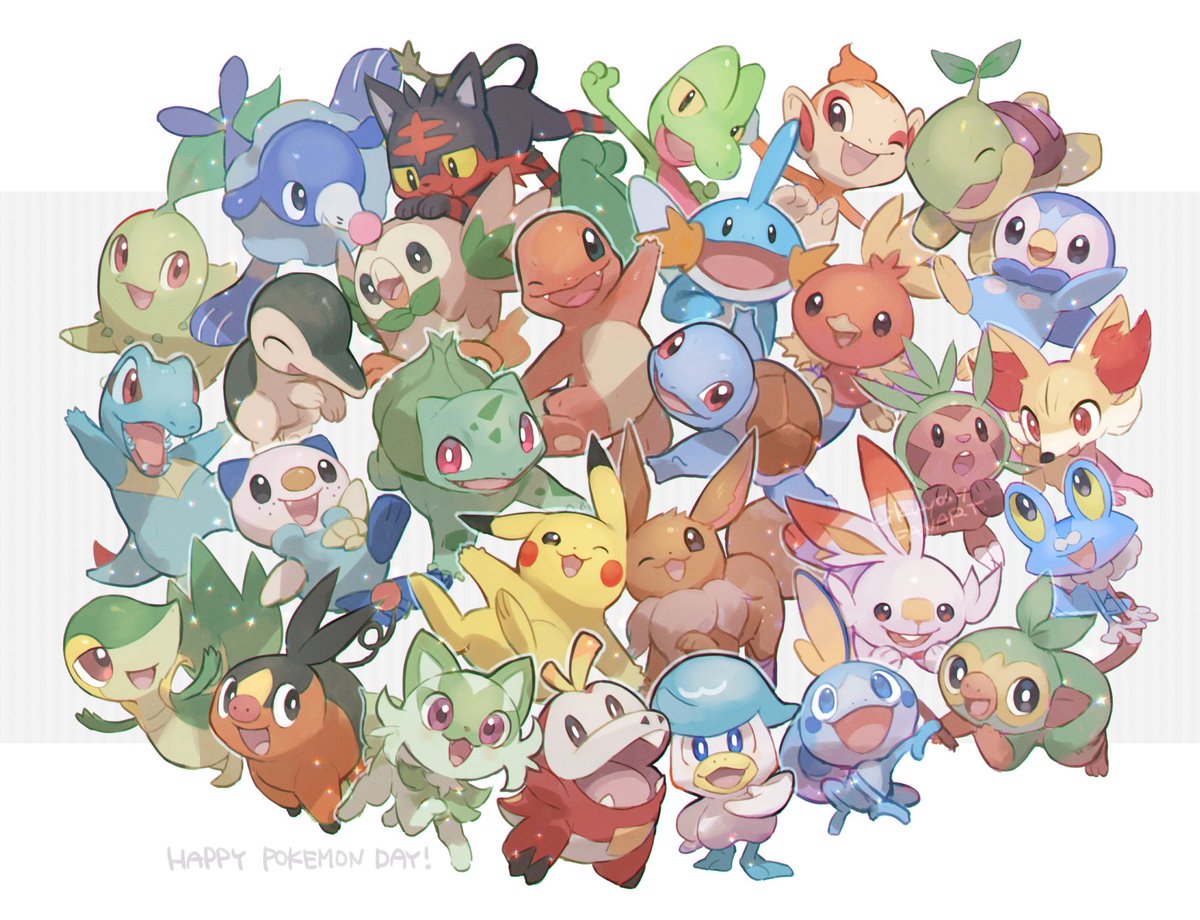 bulbasaur ,charmander ,chikorita ,cyndaquil ,grookey ,litten ,mudkip ,oshawott ,pikachu ,piplup ,popplio ,rowlet ,scorbunny ,snivy ,sobble ,squirtle ,tepig ,torchic starter pokemon trio pokemon (creature) open mouth smile no humans :d white background  illustration images