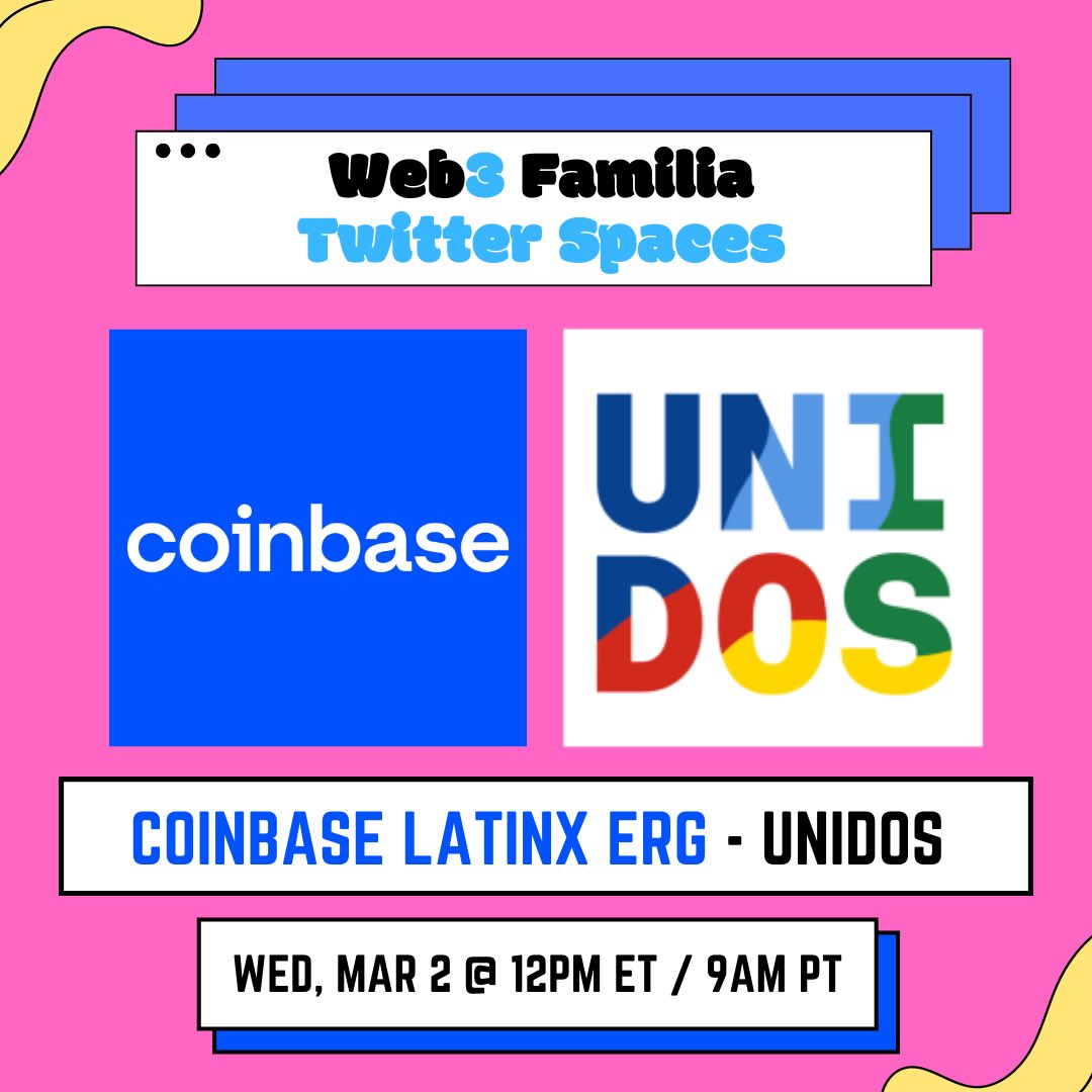 Web3Familia's tweet photo. Excited to announce our next Spaces with @Coinbase’s Latinx ERG - UNIDOS 🎉👀

Join us to hear from Latinos at Coinbase on why the ERG was created, their experience in crypto, tips on how to apply, some LATAM initiatives &amp; more! 🔥

https://t.co/rCwOYUCsEY https://t.co/Q1JxgQNJoG