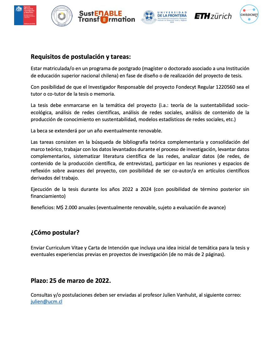 chisocnet's tweet image. El equipo de investigación del proyecto Fondecyt Regular [@AnidInforma] N° 1220560 (2022-2024) se encuentra en búsqueda de:
1) Un asistente de investigación
2) Tesistas de postgrado (master y/o doctorado) 
Con interés en Análisis de Redes Sociales!