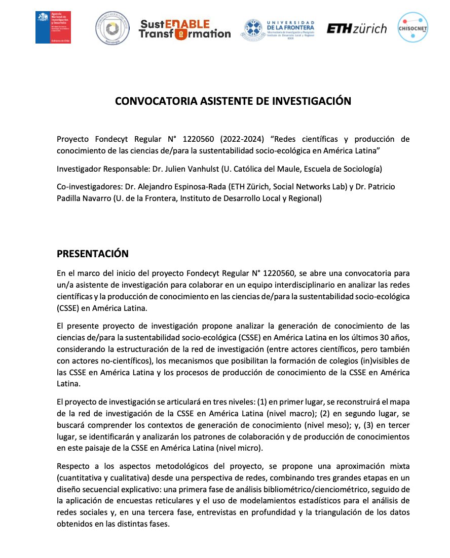 chisocnet's tweet image. El equipo de investigación del proyecto Fondecyt Regular [@AnidInforma] N° 1220560 (2022-2024) se encuentra en búsqueda de:
1) Un asistente de investigación
2) Tesistas de postgrado (master y/o doctorado) 
Con interés en Análisis de Redes Sociales!