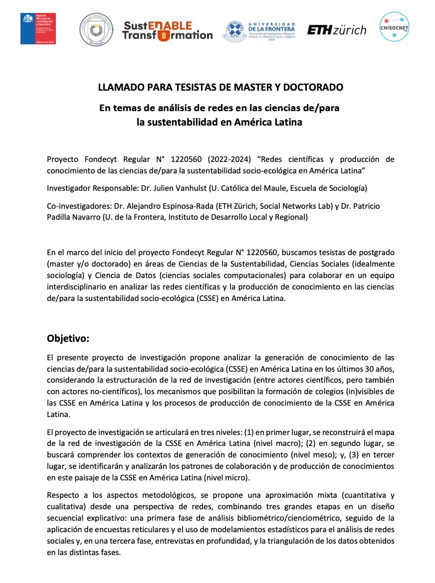 chisocnet's tweet image. El equipo de investigación del proyecto Fondecyt Regular [@AnidInforma] N° 1220560 (2022-2024) se encuentra en búsqueda de:
1) Un asistente de investigación
2) Tesistas de postgrado (master y/o doctorado) 
Con interés en Análisis de Redes Sociales!