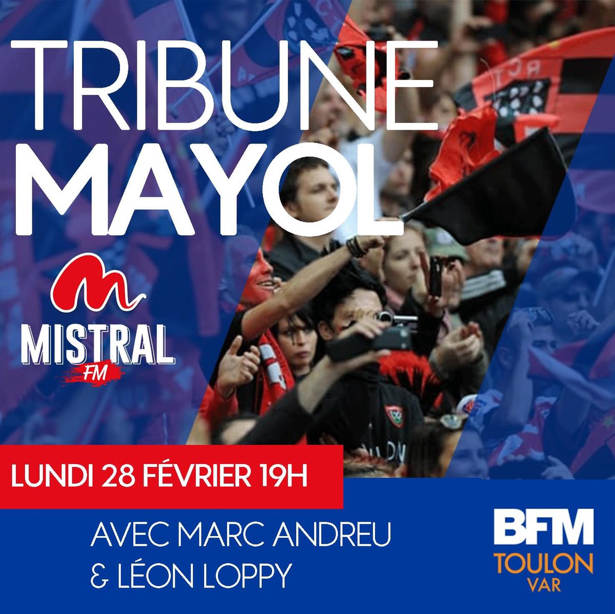 Nouvelle émission de #TribuneMayol sur <a href="/BFMVar/">BFM Toulon Var</a> avec <a href="/chaw32/">marc andreu</a> et Léon Loppy ! 

Nouvel horaire et nouveau format pour une émission plus longue à 19h maintenant !

On reviendra sur la défaite du <a href="/RCTofficiel/">RCT – Rugby Club Toulonnais</a> face à Brive et le déplacement à Biarritz !