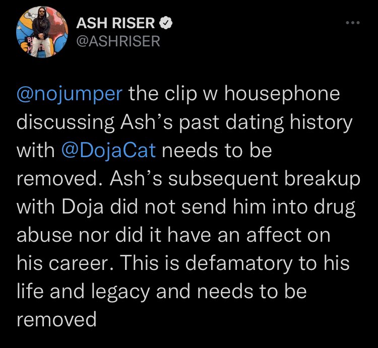 A message posted to Ash Riser’s twitter page denies their breakup led to drug abuse and asks <a href="/nojumper/">No Jumper</a> to remove the video