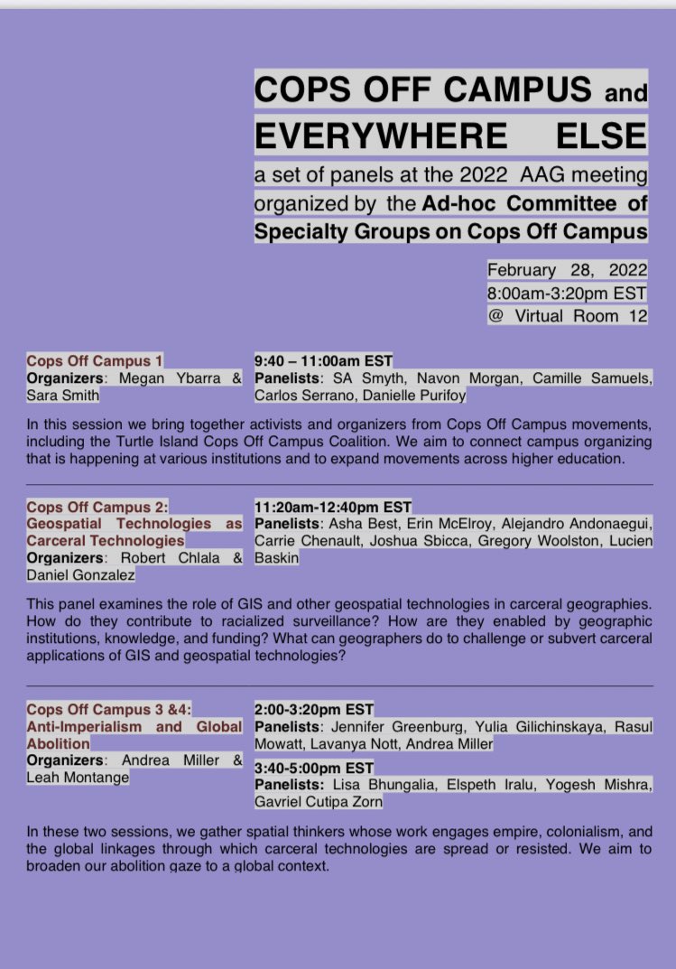 GeogSara's tweet photo. Y’all it is Cops Off Campus and Everywhere Else DAY at #AAG2022! Turn up! the lineup is stellar. Grateful to the community that organized this including @cfresssh @LeviVanSant @muybarra @DanielGonzzzz! First panel featuring @CarSer24 and @daniellepurifoy at least in spirit https://t.co/LBL64ZII6V