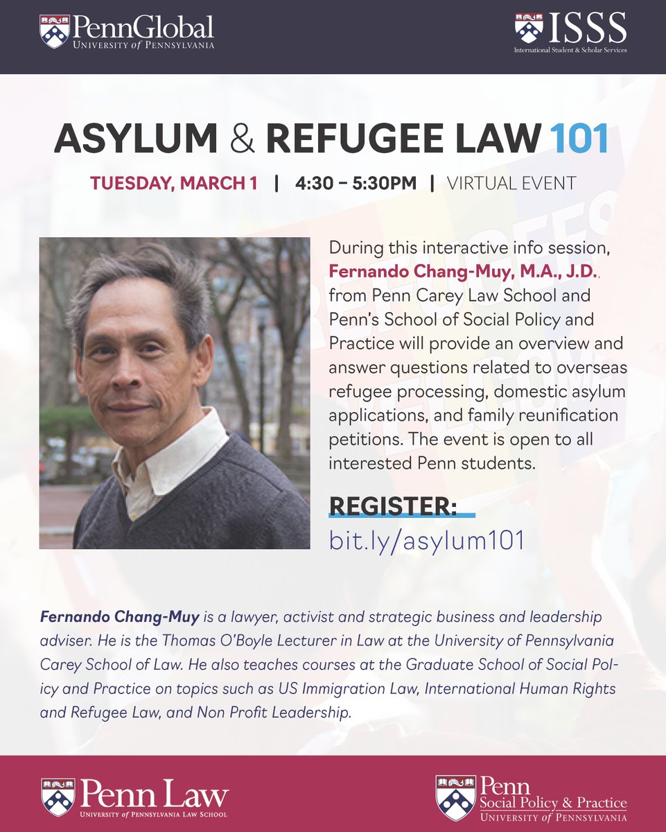 Penn International Student & Scholar Services (@isss_penn) on Twitter photo Tomorrow, March 1, at 4:30PM, interested Penn community members are invited to join ISSS and <a href="/PennGlobal/">Penn Global</a> for a virtual discussion on the basics of U.S. refugee and asylum law with Fernando Chang-Muy of <a href="/pennlaw/">University of Pennsylvania Carey Law School</a> and <a href="/PennSP2/">PennSP2</a>. Please register at bit.ly/asylum101! Tomorrow, March 1, at 4:30PM, interested Penn community members are invited to join ISSS and <a href="/PennGlobal/">Penn Global</a> for a virtual discussion on the basics of U.S. refugee and asylum law with Fernando Chang-Muy of <a href="/pennlaw/">University of Pennsylvania Carey Law School</a> and <a href="/PennSP2/">PennSP2</a>. Please register at bit.ly/asylum101!