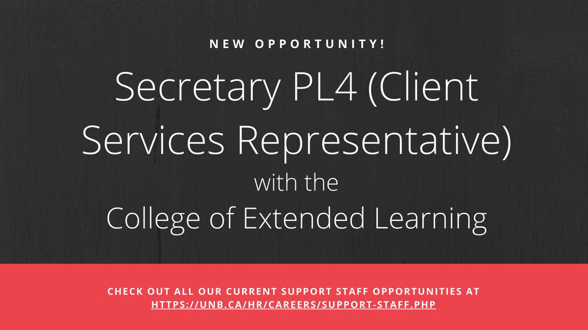 UNB_People's tweet image. Employment opportunity! Secretary PL4 (Client Services Representative) with the College of Extended Learning.

Check it out here: unb.ca/hr/careers/pos…

#UNBSupportStaff #CanadaTopEmployer2021 #nowhiring
