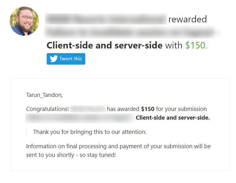 We never thought this could have gotten accepted. Thanks to the ASEs of <a href="/Bugcrowd/">bugcrowd</a>  who helped a lot. This generally goes P5 but a little bit of magic and it got accepted as P4.

#Bugcrowd #bugbountytips #bugbountytip #ItTakesACrowd #BugBounty #CyberSecurity