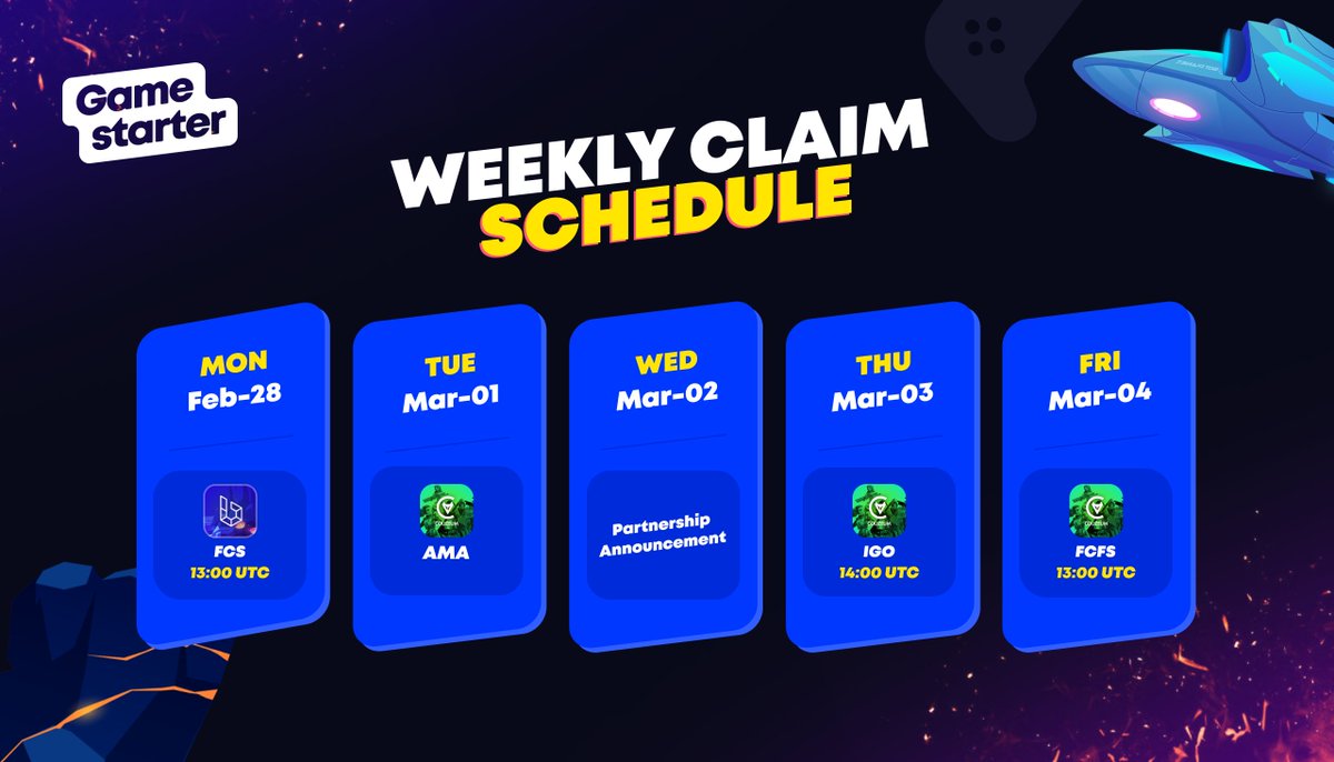 gamestarter's tweet photo. Take a look at #Gamestarters weekly claim schedule!🎉
⚡️@BotPlanet_
⚡️@Colizeumcom
Who do you think our surprise partnership is with!? Comment below 👇 https://t.co/vjvpTaalna