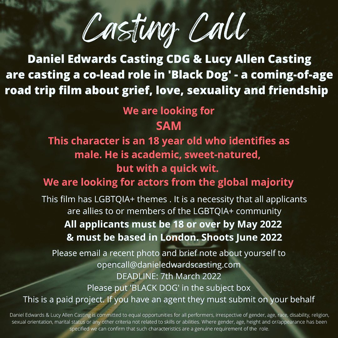 Daniel Edwards Casting CDG (@dedwardscasting) on Twitter photo Please RT & flag to anyone you think might be right for the Co lead in this utterly beautiful film🏳️🌈
<a href="/LAllenCasting/">Lucy Allen</a> & I are co casting & it’s wonderful to be doing a project together Please RT & flag to anyone you think might be right for the Co lead in this utterly beautiful film🏳️🌈
<a href="/LAllenCasting/">Lucy Allen</a> & I are co casting & it’s wonderful to be doing a project together
