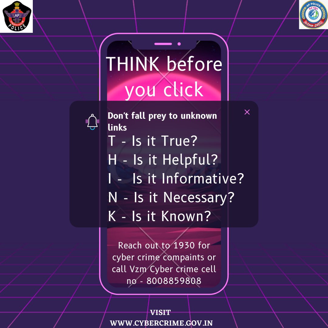 mahilapolicevzm's tweet photo. Stay safe and secure🔍💻
Do not click on unknown links and fall prey to attackers!🥷
#cybersafety #cybersecurity #cybercrimes #StayAlert 

@APPOLICE100 @PoliceVzm @sdpovzm @CyberCellVzm @Cyberdost https://t.co/Y5vwZWbfIS