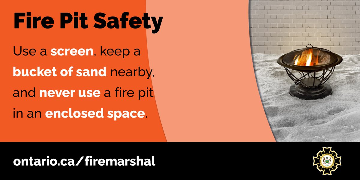 ONFireMarshal's tweet photo. Be smart about fire pits: use out in the open and never underneath any overhang. Use a screen and have water and sand nearby to put out when finished. https://t.co/HVp7SLTo1r