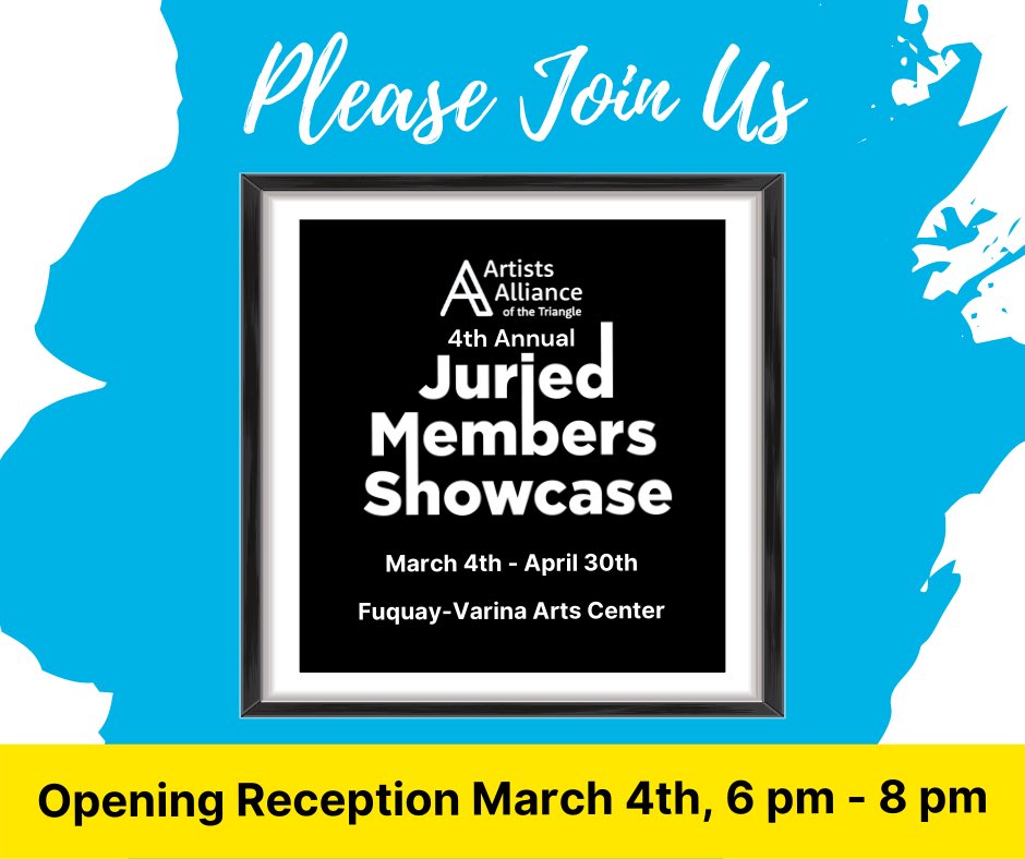 FVArts's tweet photo. 4th Annual Artists Alliance of the Triangle Juried Members Showcase. Meet the artists and see their artwork on display at the Opening Reception on Friday, 3/4 at the Fuquay-Varina Arts Center, 6 pm - 8 pm. The showcase will be displayed from 3/4-4/30 #artistsalliancetriangle https://t.co/Vt5oPMUCUV