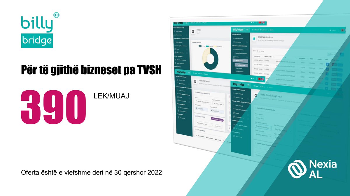 Nexia_AL's tweet photo. 🎯 billy® bridge, tashmë vjen i përballueshëm edhe nga biznesi i vogël me një ofertë speciale.

🎁 FISKALIZO BIZNESIN PA TVSH për vetëm 390 lek/muaj. 
☎️ +355 6960 63555 
📧 billy@nexia.al https://t.co/BMFwLtPGvr