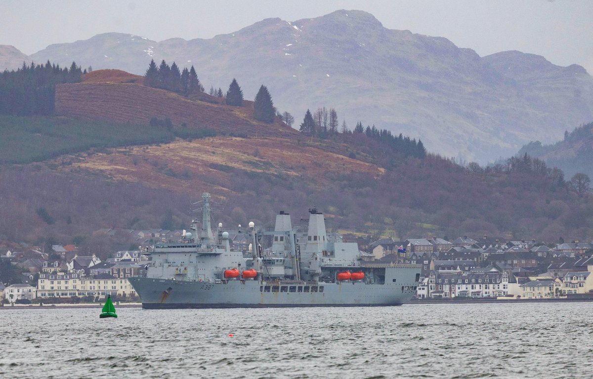 WarshipCam's tweet photo. RFA Fort Victoria (A387) Fort-class auxiliary oiler replenishment ship leaving Loch Long, Scotland - February 28, 2022 #rfafortvictoria #a387

* photo courtesy of @SheilaLWeir https://t.co/OtSl4UuUv6