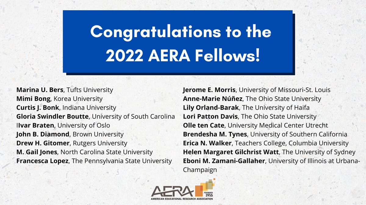AERA_EdResearch's tweet photo. AERA congratulates the 18 exemplary scholars who have been selected as 2022 AERA Fellows! Read the full announcement here: https://t.co/svnkGH2hjF https://t.co/SqmSKo9yag
