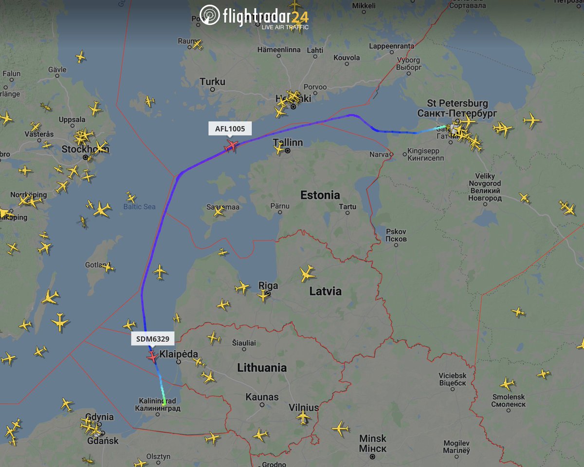 flightradar24's tweet photo. We’ve gotten a lot of question about Russian flights to/from Kaliningrad and why they're able to continue. Short answer: there is a small sliver of international airspace between Finland and Estonia. We explain further (including maps) here: https://t.co/3GtCYRmZUQ https://t.co/flsDMWrShx