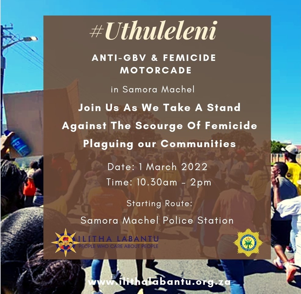 Tomorrow we will be hosting the #UthuleleniAnti-GBV motorcade in Samora Machel, the motorcade comes in response to the spike in incidents of femicide in the community with specific reference to Nomathamsanqa Fani, mother of 3 who was brutally murdered last week. #Femicide