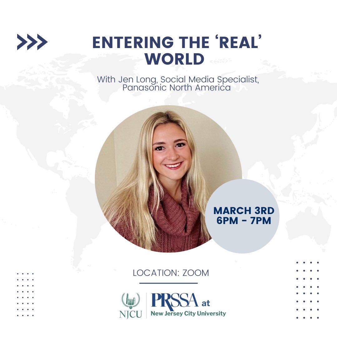 njcuprssa's tweet photo. We are having our first general meeting this week Thursday, March 3rd at 6pm on zoom! We will be joined by guest speaker Jenn Long, Social Media Specialist at Panasonic North America.

Come join us to: network, find internships, visit firms, build your resume and so much more! https://t.co/0GBO8XCyYi