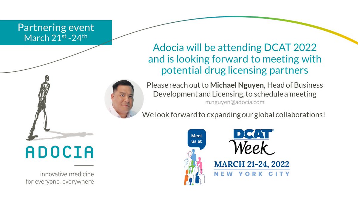 Adocia Biotech (@adocia_biotech) on Twitter photo <a href="/Adocia_Biotech/">Adocia Biotech</a> will be attending #DCAT, 21-24 March 2022, and is looking forward to meeting with potential drug licensing partners.
Please reach out to Michael Nguyen, Head of #BusinessDevelopment and #Licensing, to schedule a meeting (m.nguyen@adocia.com). <a href="/Adocia_Biotech/">Adocia Biotech</a> will be attending #DCAT, 21-24 March 2022, and is looking forward to meeting with potential drug licensing partners.
Please reach out to Michael Nguyen, Head of #BusinessDevelopment and #Licensing, to schedule a meeting (m.nguyen@adocia.com).