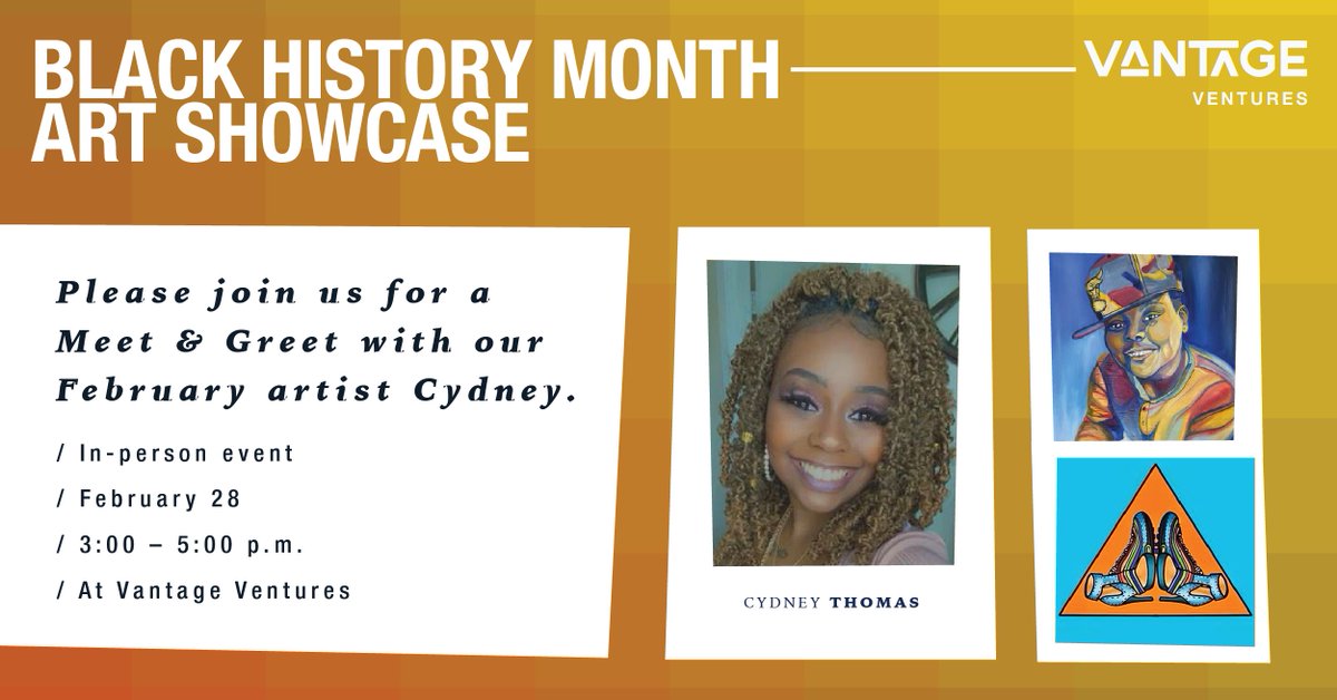 If you haven't RSVP'd yet for the Meet &amp; Greet today with artist and <a href="/WestVirginiaU/">WVU Mountaineers · Let’s Go!</a> student Cydney Thomas, now's the time! Email us at vantage@mail.wvu.edu to RSVP and come by our offices at 3pm ET.

#BlackHistoryMonth #WVU #artists #YesWV