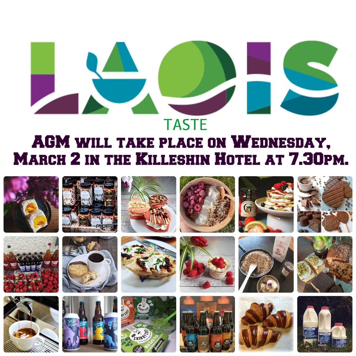 All Laois Food Producers &amp; Businesses are invited to the AGM of Laois TASTE which will take place this Wednesday, March 2 in @TheKilleshin at 7.30pm.
All existing Members/New Food Producers &amp; all  Restaurants/Hotels/Food Based Businesses in the county are welcome! #LaoisTaste