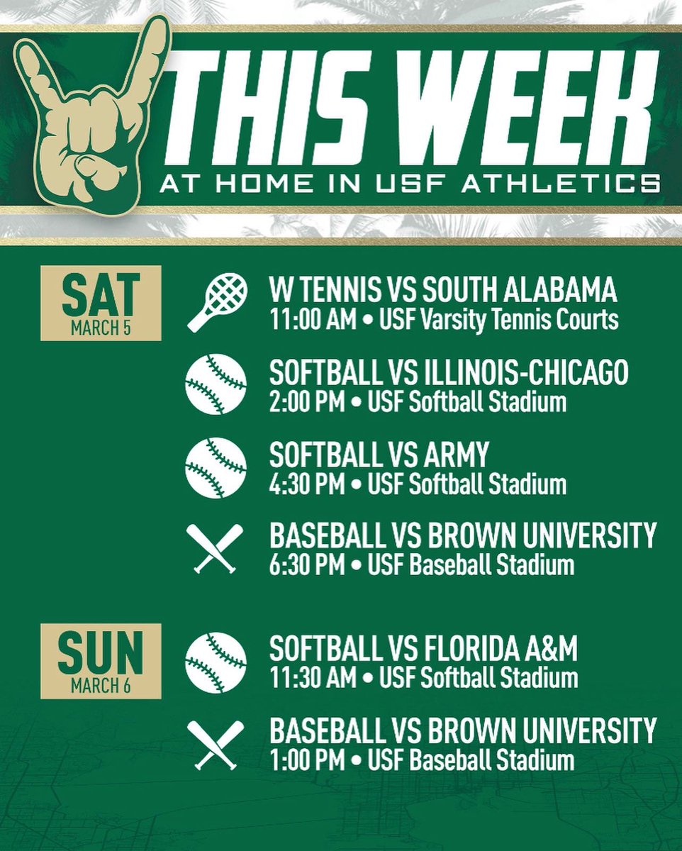 USFVarsityClub's tweet photo. Basketball senior nights? Men’s and women’s tennis? A weekend FULL of baseball and softball?

You won’t want to miss all we have going on at home in USF Athletics!

#HornsUp🤘 #AllInAllOut #CarryTheBoat https://t.co/VRWUjeMnAs