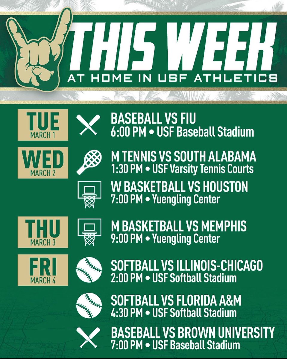 USFVarsityClub's tweet photo. Basketball senior nights? Men’s and women’s tennis? A weekend FULL of baseball and softball?

You won’t want to miss all we have going on at home in USF Athletics!

#HornsUp🤘 #AllInAllOut #CarryTheBoat https://t.co/VRWUjeMnAs
