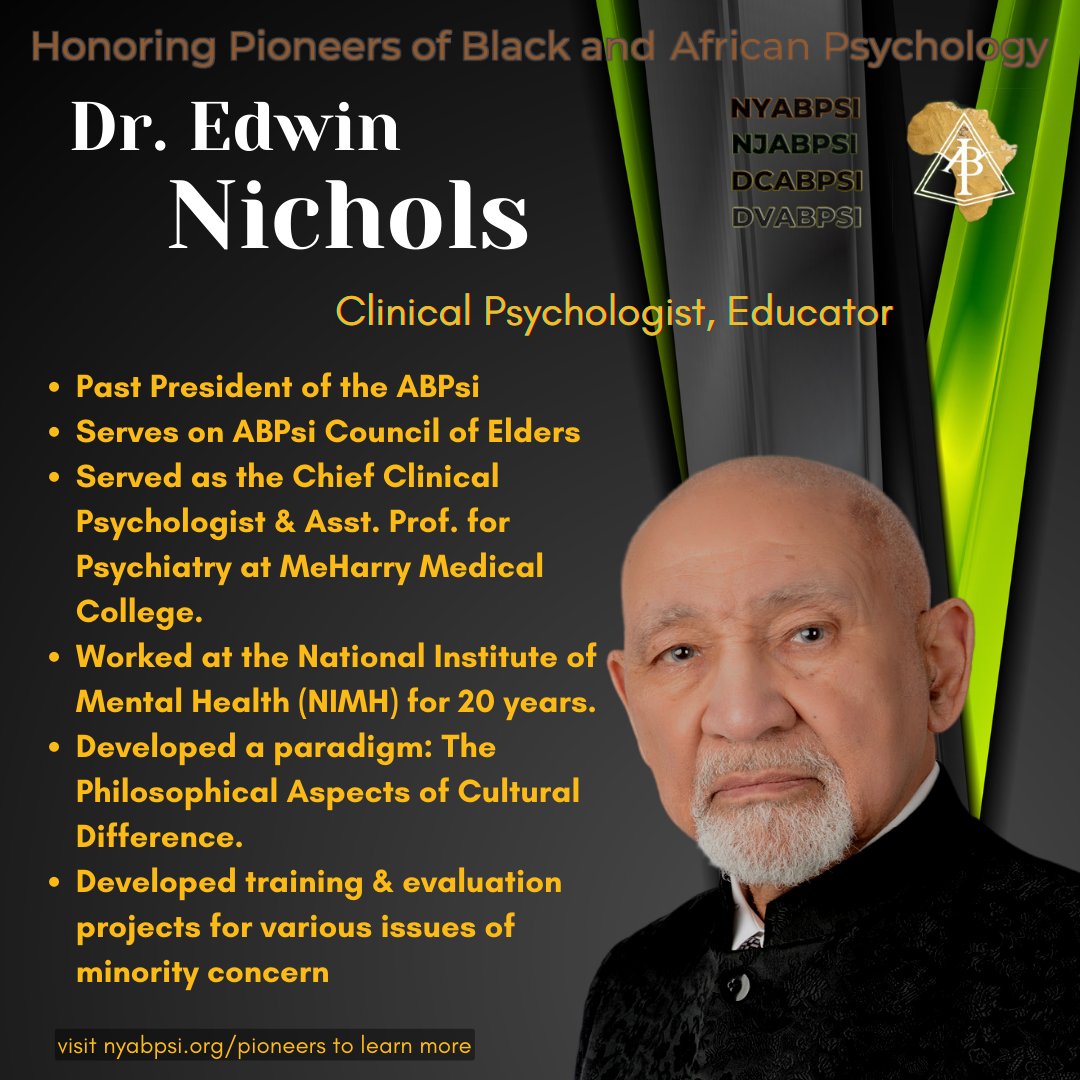 nyabpsi's tweet photo. Our Black History Month Celebration continues! Check out Today's Featured Pioneers in Black and African Psychology:
https://t.co/zd0eVBWRIS
#abpsieasternregion #blackpsychologypioneers #celebratebhm #BHMPsychologyPioneers

https://t.co/Tr131igsXd https://t.co/ppifNR697L