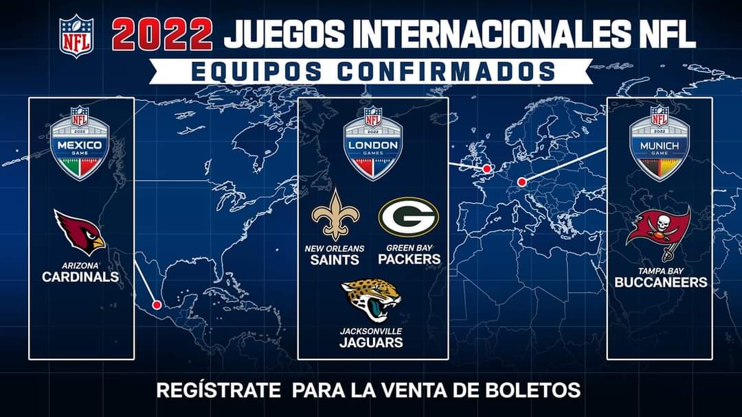 nflgirlsmx's tweet photo. #NFLovers! La #NFL anunció a los equipos locales en los juegos internacionales este año. #Saints, #Packerd y #Jaguars jugarán en Londres, los #Bucs en Alemania y los #Cardinals en México. 

#FootballGirls #nflmx #nfl 

📸@nflmx https://t.co/6U1f7HxgNy