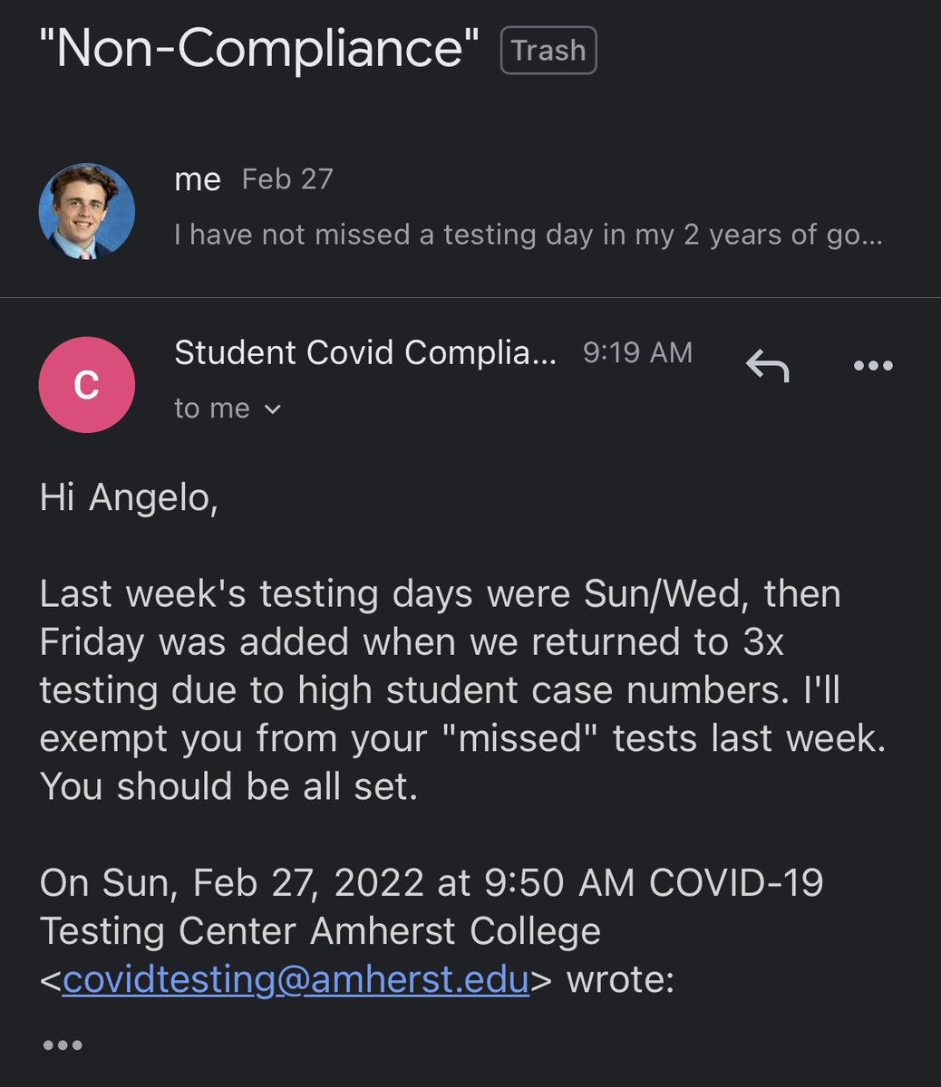 AngeloFodera's tweet photo. This is beyond ridiculous. This is a great institution, but @AmherstCollege has to figure it out. 
Haven’t missed a test since I’ve gotten here and now I am locked out of my residence hall and not allowed to attend my classes. 
Inconsistency on full display. https://t.co/BlfY7fAMhd
