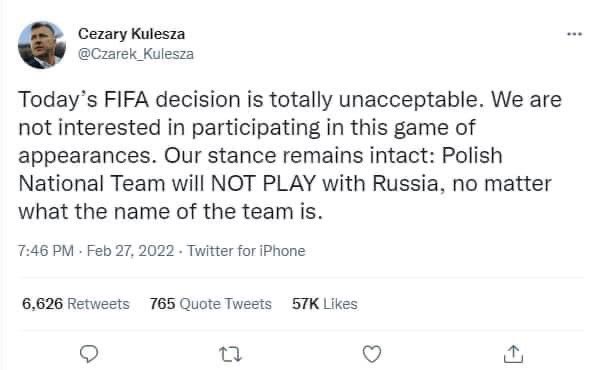 MartineMavi's tweet photo. The President of the Polish FA has responded to FIFA's sanctions against Russia today
Brilliant 👏👏👏
@FIFAWorldCup #RussiaOut #BanRussian #GoFurther #TOTALEXPULSION https://t.co/b3F7kcHXDz