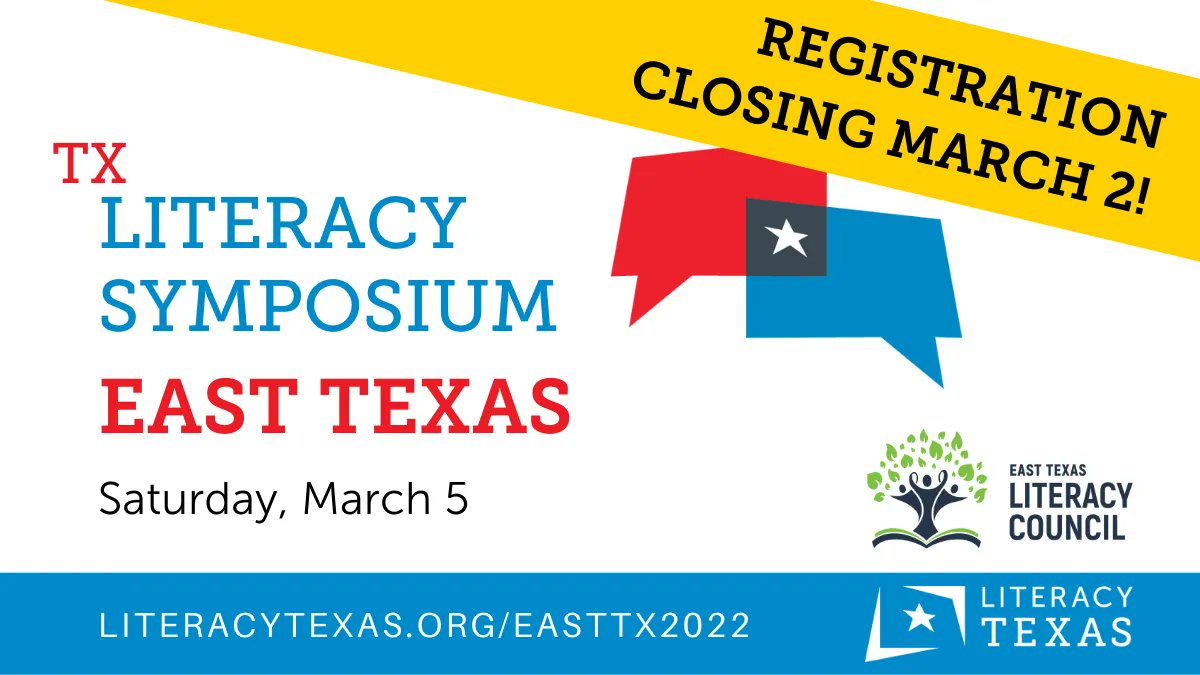LiteracyTexas's tweet photo. You have only a few days left to sign up for the East Texas Literacy Symposium - registration closes March 2, earlier if we reach capacity. So no more procrastinating - get your name on the list: https://t.co/YDN8osZsUg
#LiteracySymposiums #LiteracyTransformsTexas https://t.co/LGn9HY5iKv