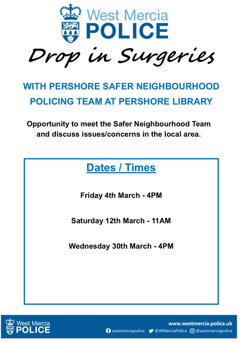 PershoreCops's tweet photo. Date for the diary: ๐จ๐ฎโโ๏ธ
Pershore SNT will be holding #DropInSurgeries at Pershore Library on:
- Friday 4th March (4pm)
- Saturday 12th March (11am)
- Wednesday 30th March (4pm)
Come on down and meet your local neighbourhood team!
#PershoreSNT #SaferNeighbourhoods https://t.co/OJPzZE4utK