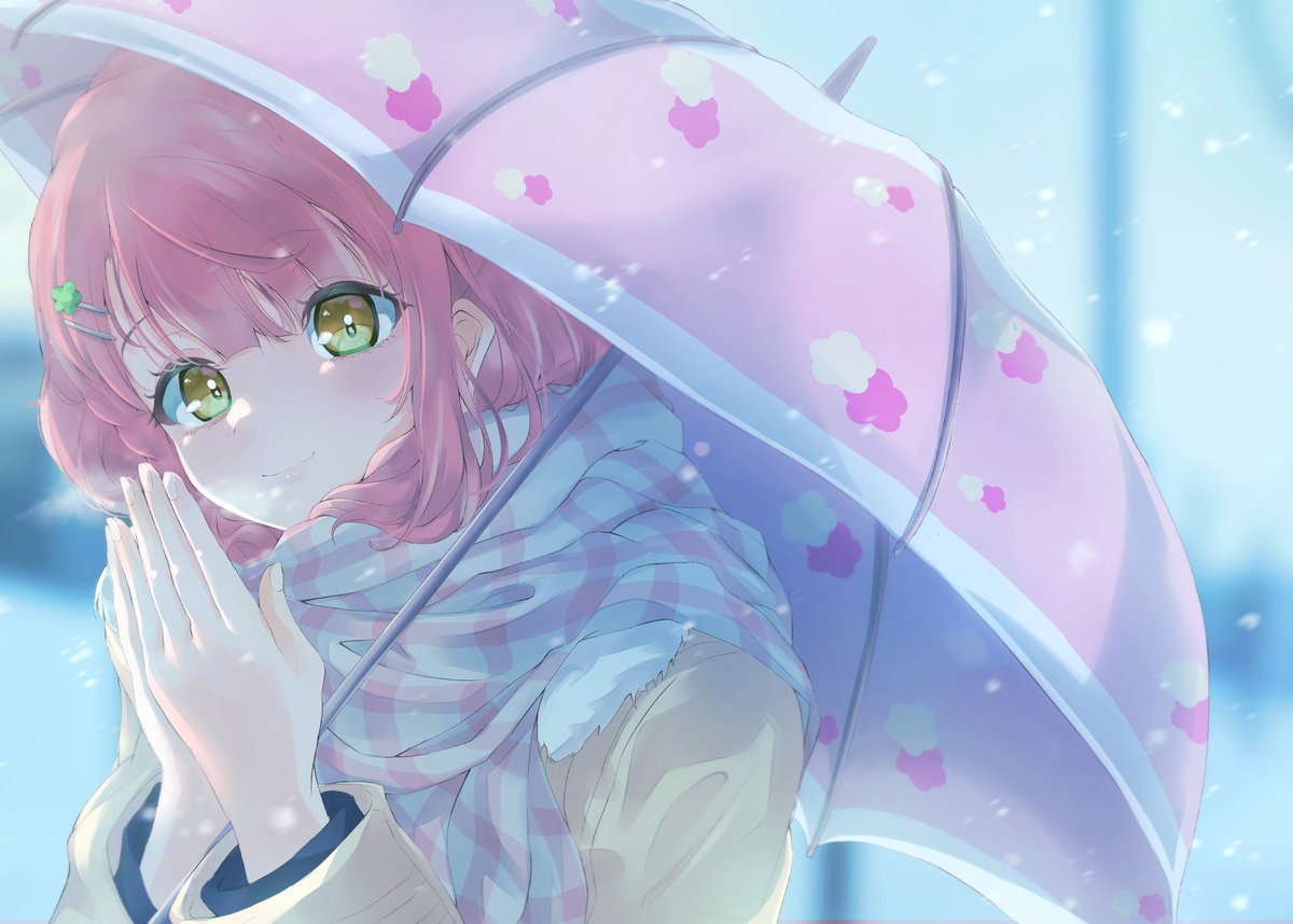 uehara ayumu 1girl solo scarf pink hair umbrella hair ornament yellow eyes  illustration images