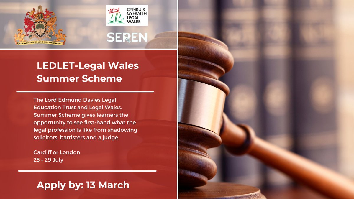 TheSerenAcademy's tweet photo. Interested in the law?🧑‍⚖️
Apply now for the LEDLET-LW summer scheme ✍️

See first-hand what the legal profession is like by shadowing solicitors, barristers and judges.

📍Cardiff or London

@LEDLETAimHIgh scheme is free and all expenses paid.

Check your emails for details📩 https://t.co/Yh517ijJX3