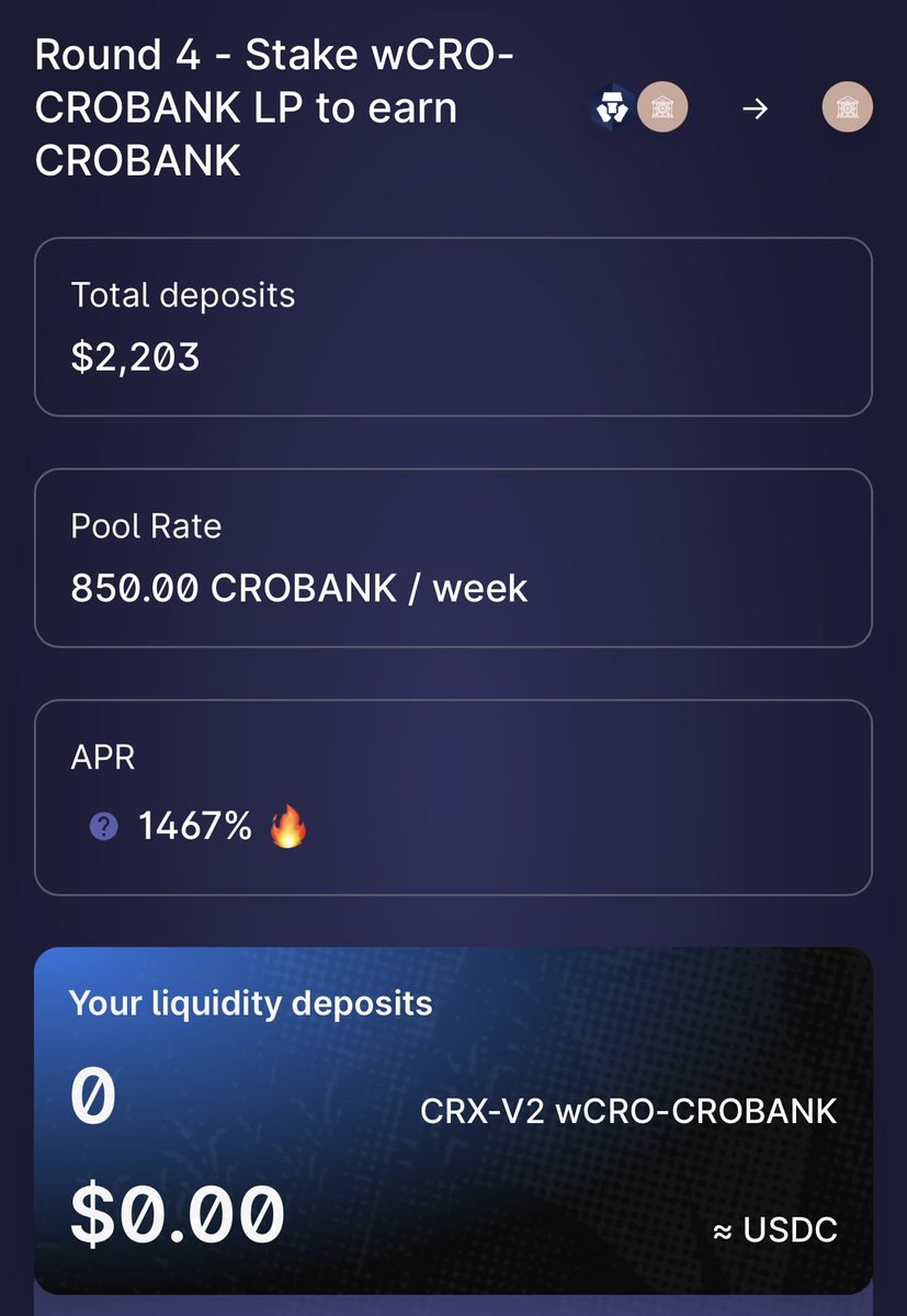 cro_bank's tweet photo. Our farm with @crodexapp is now live!!🔥🔥

Look at that insane 1500% APR right now paid in BANK😱

Stake CRO/BANK LP &amp; earn some tasty yields over on CroDex‼️

#CROBANK #CROBANKFAM #CROBANKER https://t.co/SWYnMYEKQo
