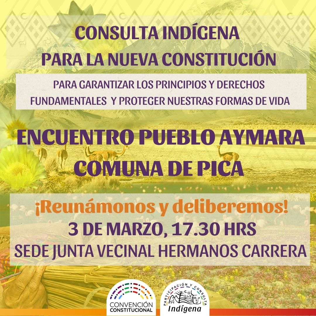 #ConsultaIndígena☀

Por primera vez en la historia de Chile, los Pueblos Indígenas serán protagonistas en la redacción de una #NuevaConstitución 🙌

Esta semana: Conoce las fechas de los encuentros del 𝐏𝐔𝐄𝐁𝐋𝐎 𝐀𝐘𝐌𝐀𝐑𝐀 en #Iquique, #Colchane, #AltoHospicio y #Pica 👇