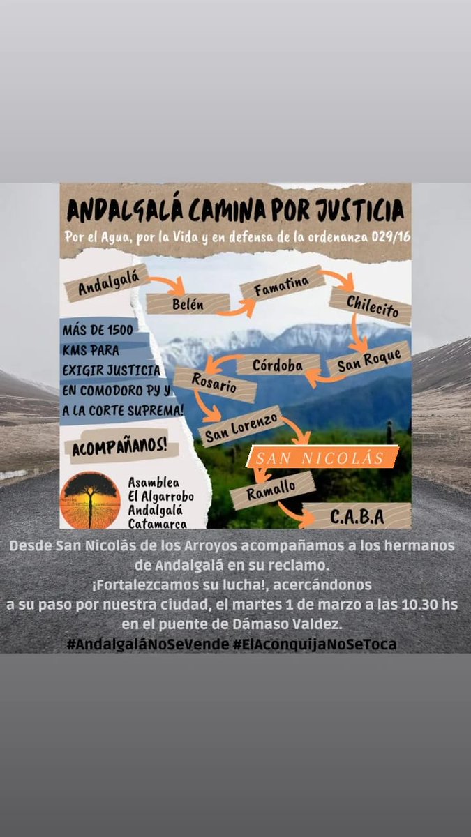 somosCoNA's tweet photo. Andalgalá camina por justicia. Desde Catamarca estarán pasando por SN el martes 1/03 a las 10.30 aprox. Estaremos haciendo intercambio. Invitamos a quienes se quieran acercar a saludar y fortalecer su lucha al puente de Dámaso Valdez. #AndalgaláNoSeVende
#AndalgaláResiste https://t.co/K6hd5Vs25i