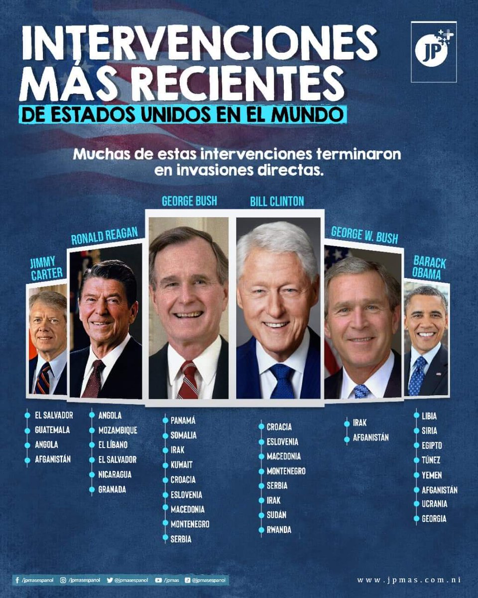 ❗La historia de las intervenciones  e invasiones de Estados Unidos, bajo el pretexto de llevar "democracia", a varios países del mundo, está ampliamente documentada
Estas son algunas de las intervenciones militares y  políticas, llevadas a cabo por el país.
#viral 
<a href="/ElCuerv0Nica/">EL CUERVO 🇳🇮</a>