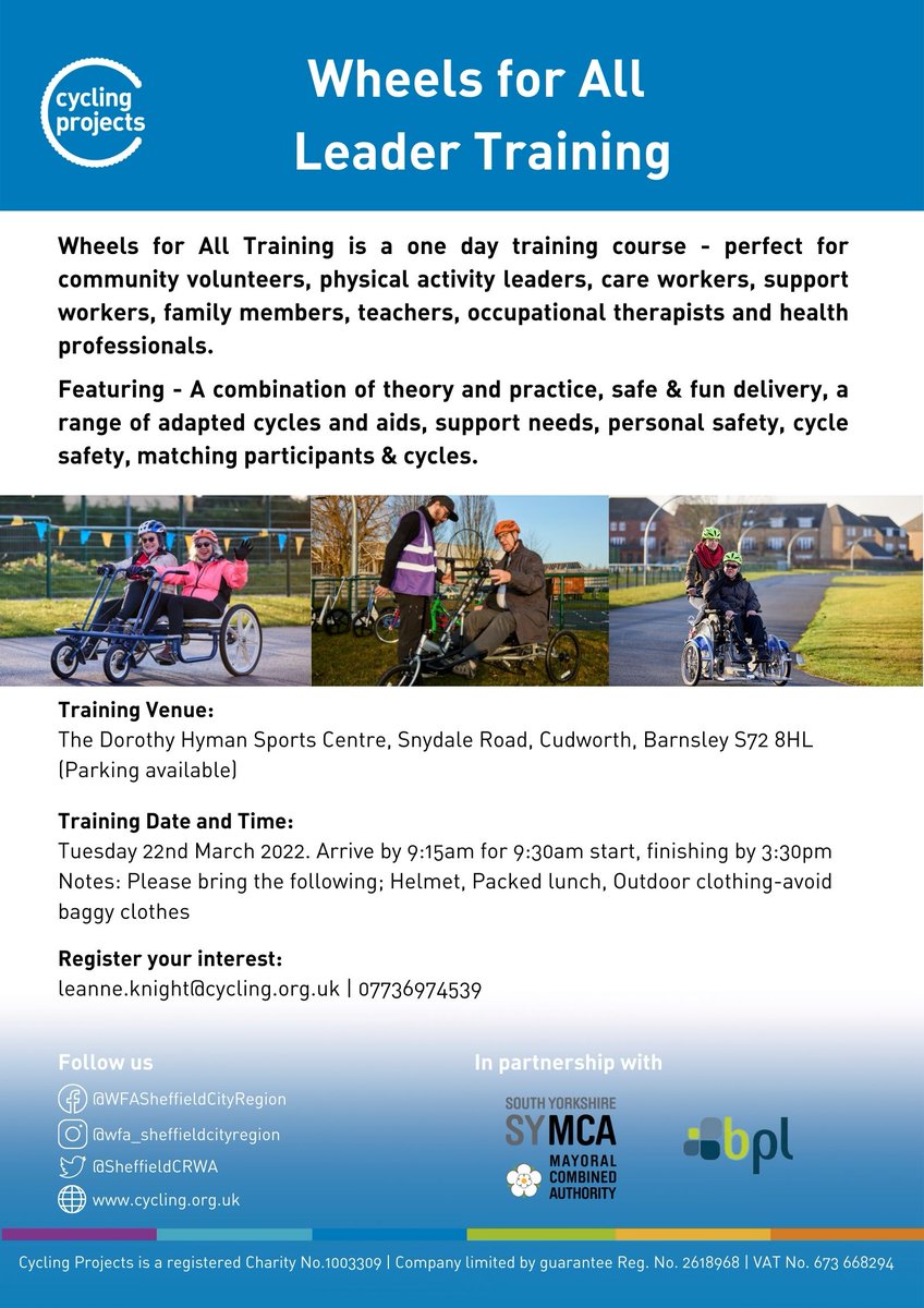 📢Wheels for All Barnsley📢
We are delighted to announce our Wheels for All Training Course this March at the Dorothy Hyman Sports Centre. 
If you would like to be involved this course is perfect for you, take a look👇
#weridetoghter #wheelsforall #inclusivecycling #adaptedcycles