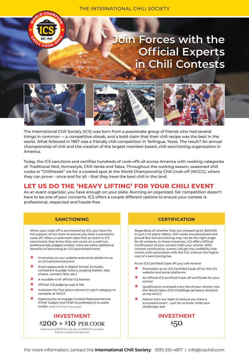 💪 Let us do the heavy lifting for your chili event! 💪 We want to help you run your chili cook-off! Whether it's your local church, nonprofit, firehouse or anything else, we want to get involved! Contact us at info@icschili.com for more information!