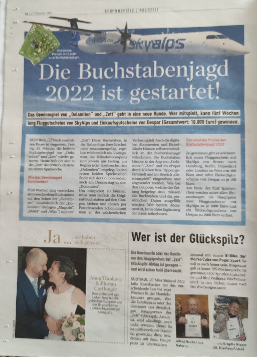 NinaTrankova's tweet photo. 🗞️ South Tyrol newspaper includes our daughter's wedding 💒 @fl7chen_ and @FlorianCastlunger
Happy Parents 🎊🥂💒
#lifetimeevent #wedding https://t.co/76hkFQumLh