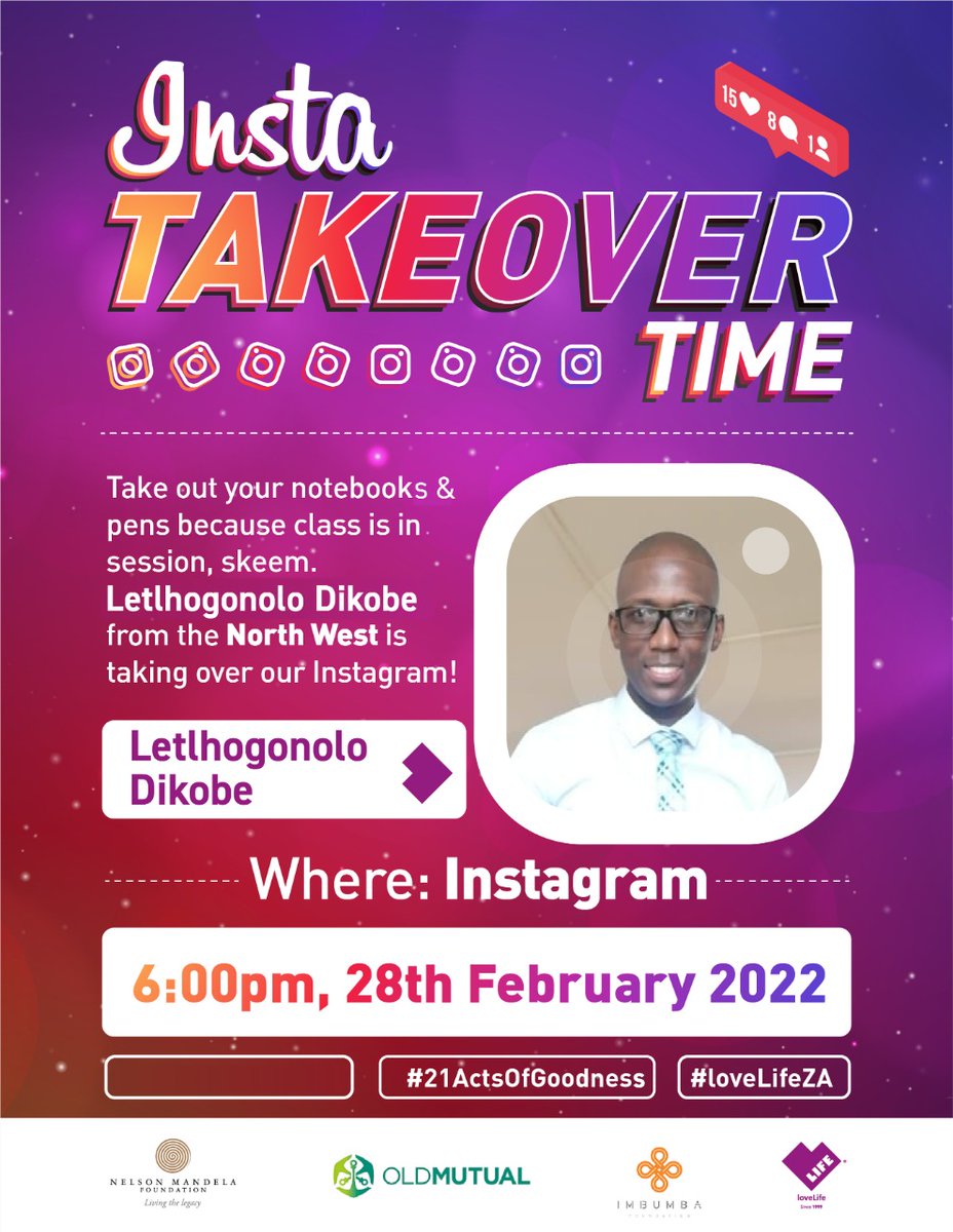 loveLifeNGO's tweet photo. Start the week right, skeem!π€βοΈ
Si'live on our IG at 6pm with Teacher Dikobe, for a special classroom session! πͺIf usokola to prepare for all the assignments and tests ahead, then this is the session for you skeem!ππ₯
#21ActsOfGoodness
#loveLifeZA
#21For21
#PLZCALME0833231023 https://t.co/5K9dWmSv4o