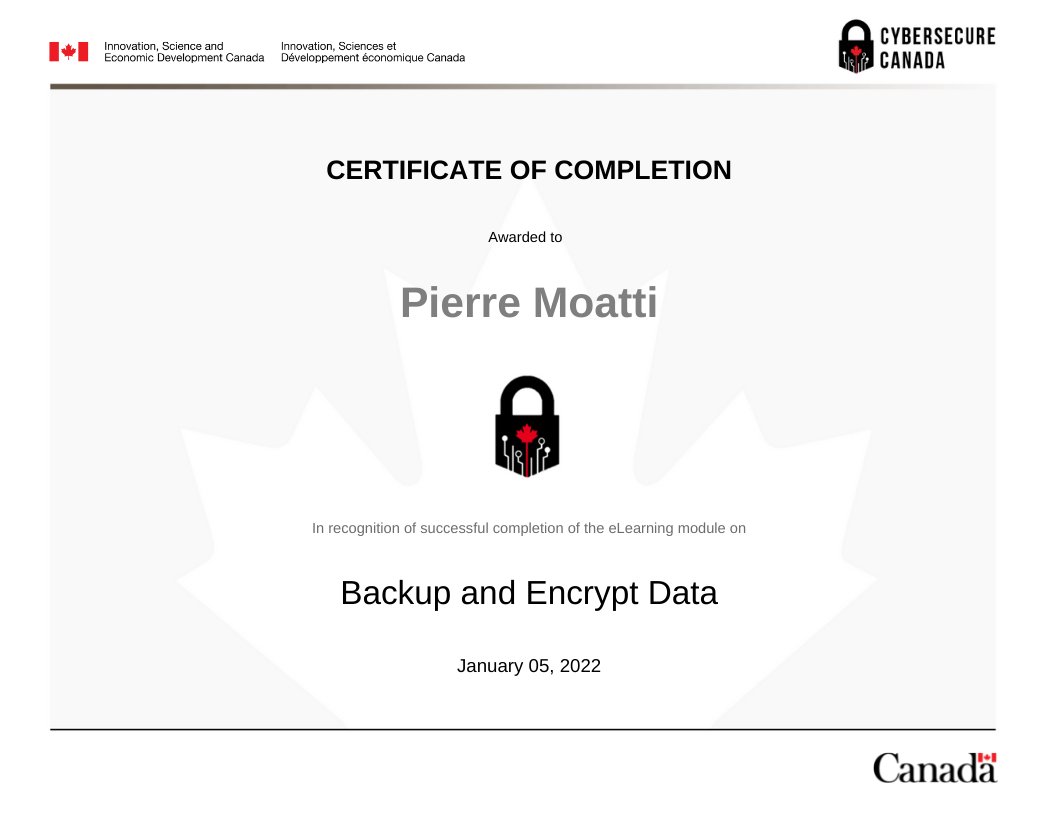 ManagedCISO's tweet photo. Congrats to our employee Pierre Moatti for completing the Backup and Encrypt Data module of the CyberSecure Canada eLearning series! #cyberawareness #cybersecurity #elearning #cybersecurecanada #cybersecuritycanada https://t.co/DP17asoAeI