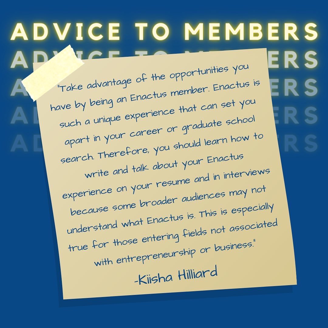 👩‍🎓Alumni Highlight

Swipe through to read about Kiisha’s time spent on Coker Enactus. During her time on the team, she was on the executive council, p team, and was a project leader for the Summer Business Academy Project! We love seeing her success beyond Enactus!