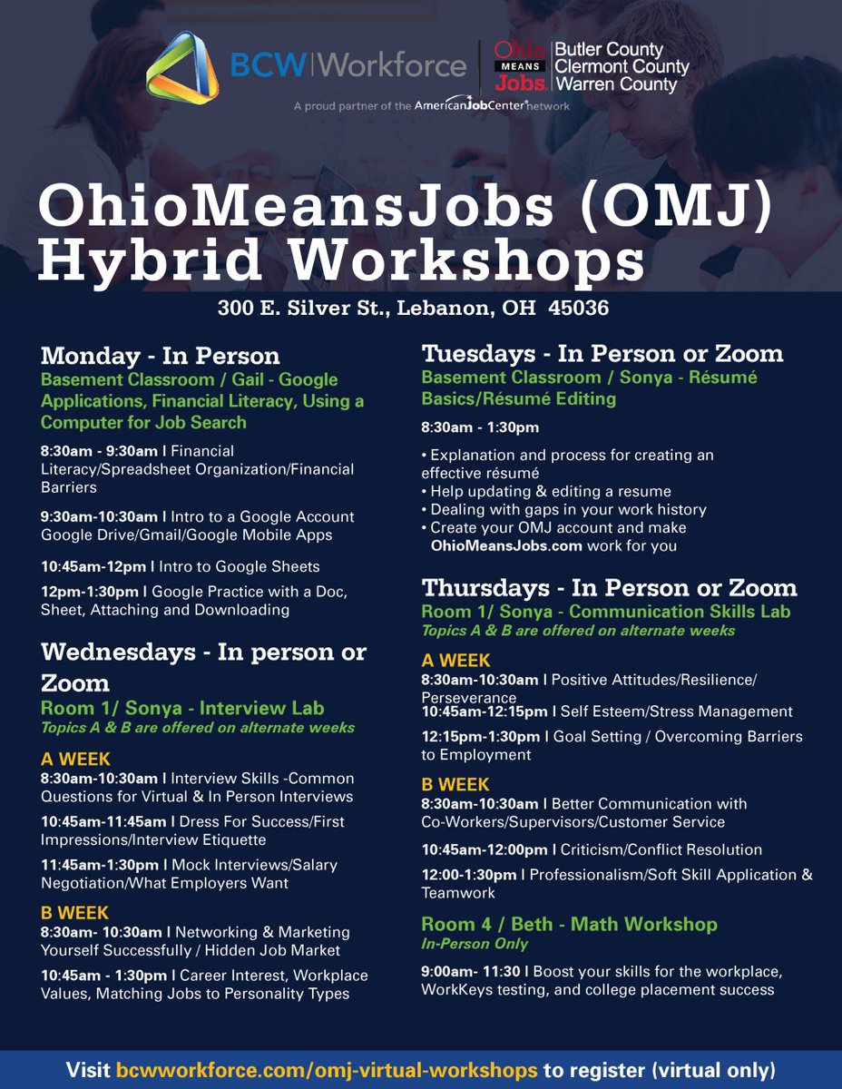 In Person or Zoom? We have both! Check out our Hybrid Workshops below.

#OhioMeansJobs #BCWWorkforce #HybridWorkshops #Virtual #Zoom #Careers #JobSearching #Workshops #