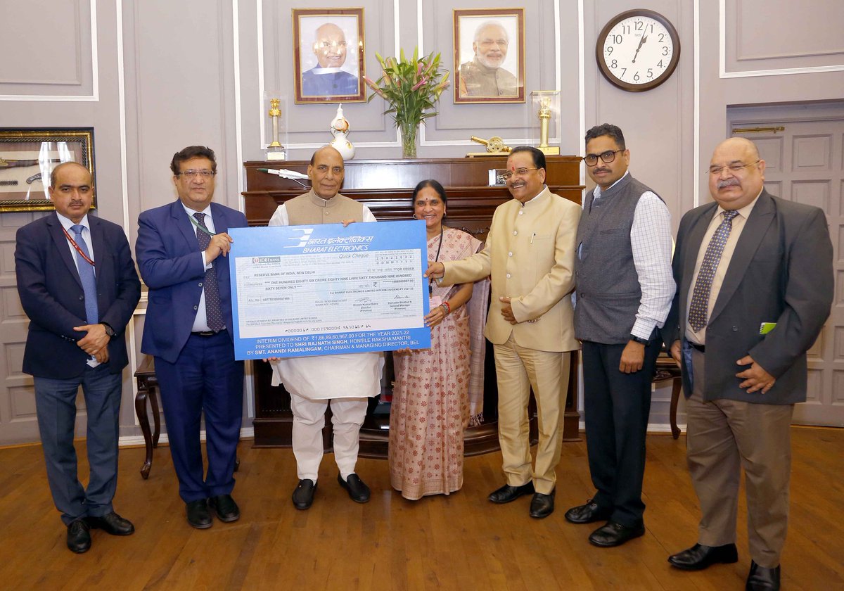 BEL has paid Rs. 186 Cr Interim Dividend to the Government of India.  Presented the cheque for Rs. 186.89 Cr payable on the shares held by the President of India, to the Hon’ble Raksha Mantri, Shri Rajnath Singh, today.