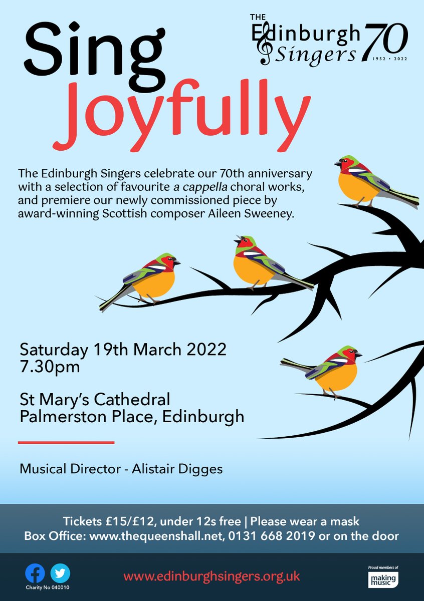 TheEdSingers's tweet photo. Join us for #SingJoyfully on Saturday 19 March, 7.30pm @StMarysCathEdin #Edinburgh. Featuring a selection of a cappella pieces from Byrd to Ešenvalds, & the premiere of a new commission by award-winning #Scottish composer @AileenSweeney94 Tickets: -> https://t.co/npx1uGYKU3 https://t.co/8PTcH5t27S