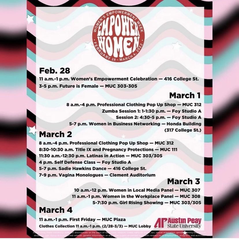 Women’s Empowerment Week starts today! See the schedule for details on how you can join campus orgs in celebration throughout the week.