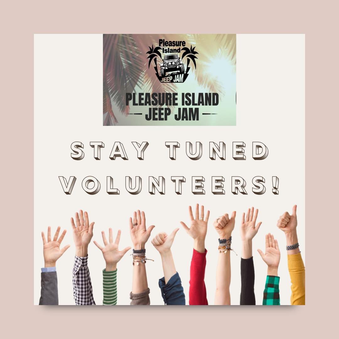 PijjJeepJam's tweet photo. Hey PIJJ Volunteers!!!  We've received a few inquiries about signing up to volunteer at PIJJ.  We are diligently working on the list of what we need volunteers to help with and we will post the sign up soon so stay tuned!! 
#jeeples #pijj2022 #pleasureislandjeepjam2022 #staytuned https://t.co/8IAwBm3ZxK